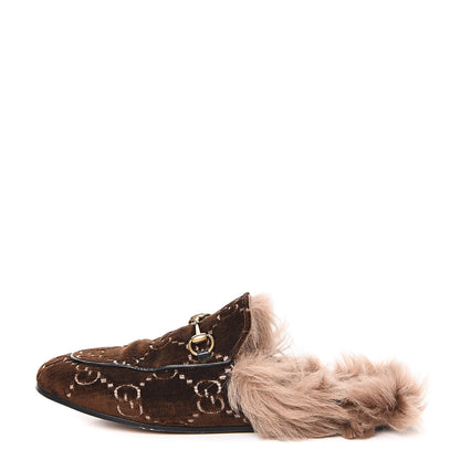 Gucci Velvet GG Monogram Fur Womens Princetown Slippers 38.5 Brown Black Natural 1 of 9