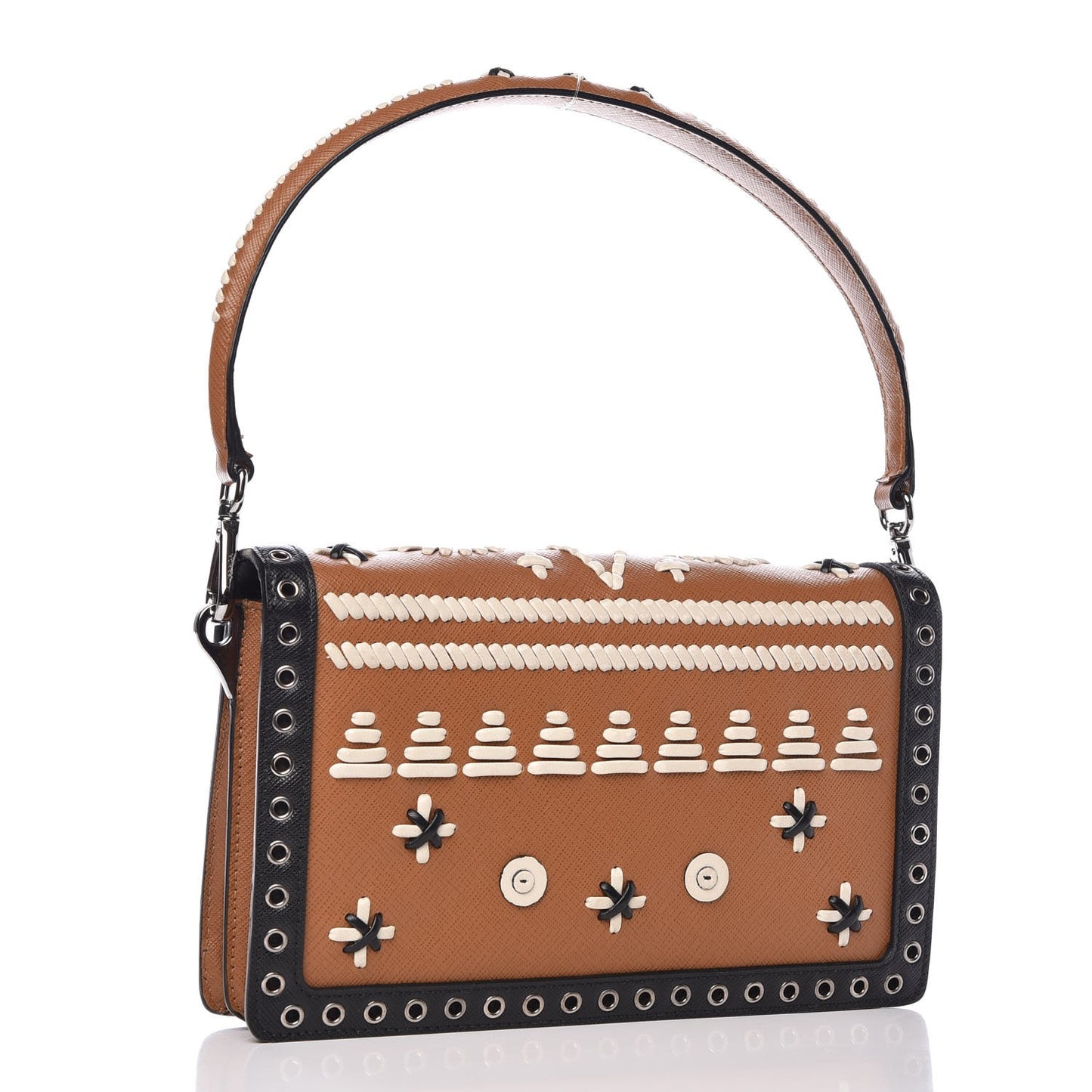 Saffiano Embroidered Pattina Sound Shoulder Bag Caramel