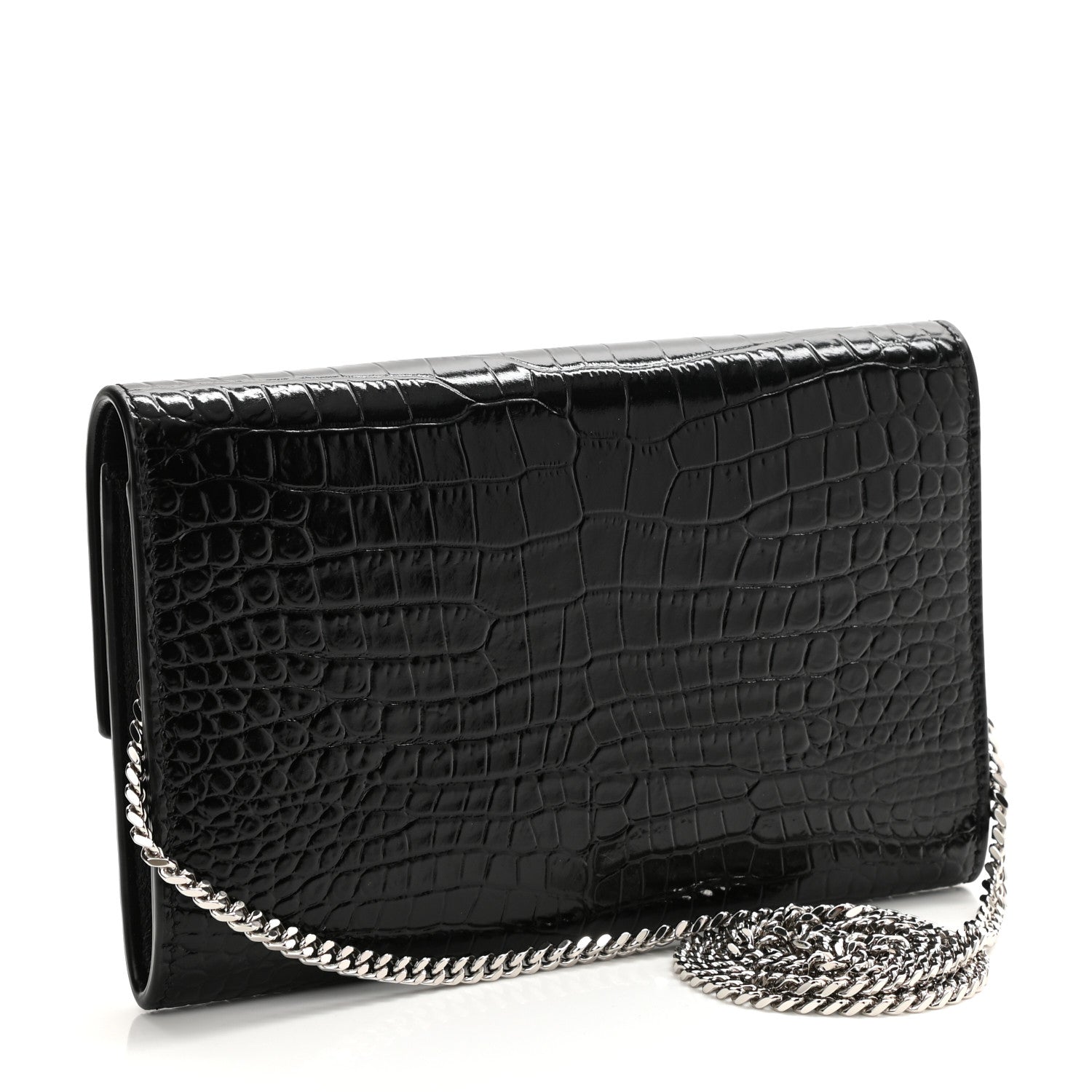 Saint Laurent Calfskin Crocodile Embossed Monogram Uptown Chain Wallet Black 4 of 14