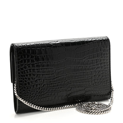 Saint Laurent Calfskin Crocodile Embossed Monogram Uptown Chain Wallet Black 4 of 14
