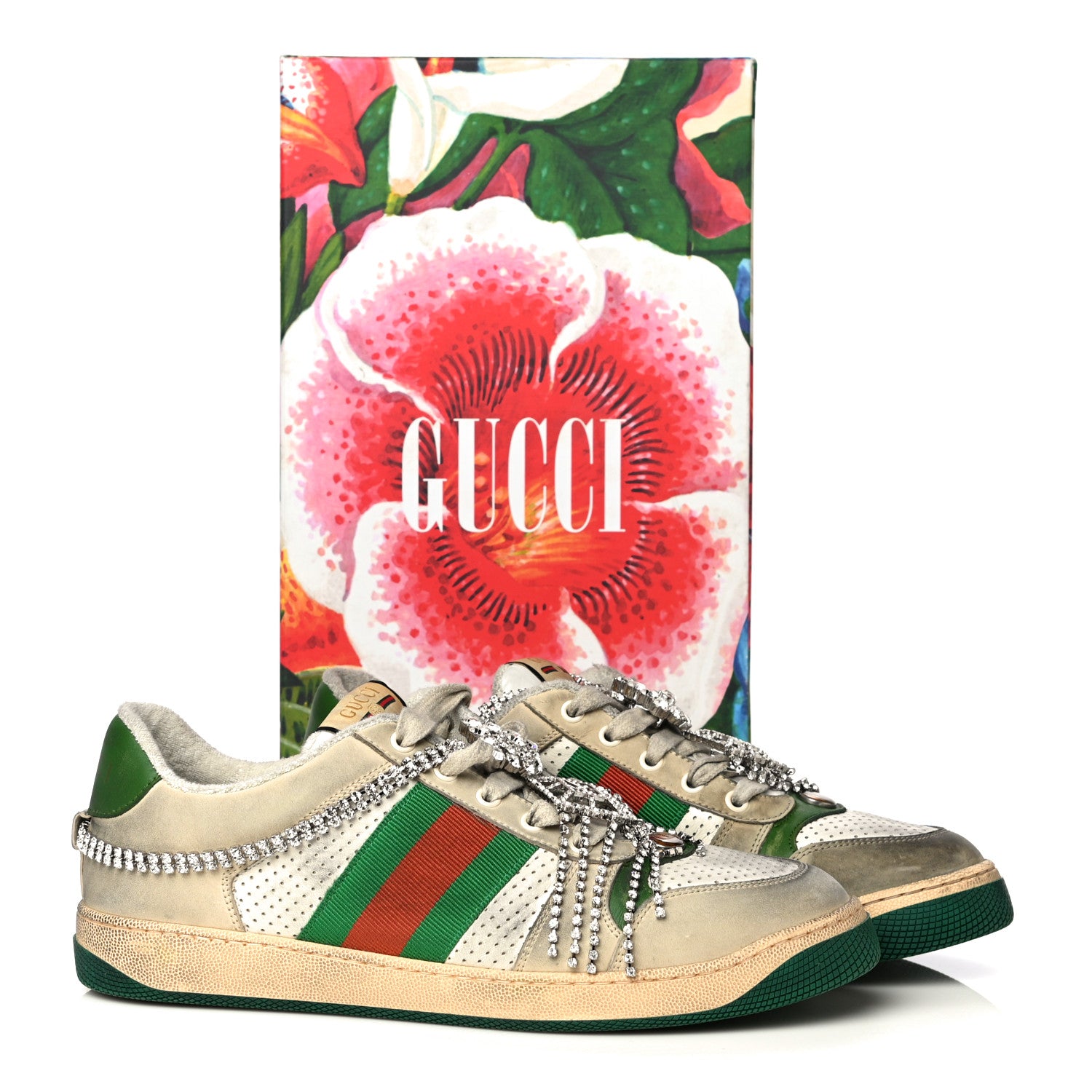 Gucci Nubuck Calfskin Web Removable Crystals Mens Screener Sneakers 9 Dusty Milk New Mystic White 27 of 27
