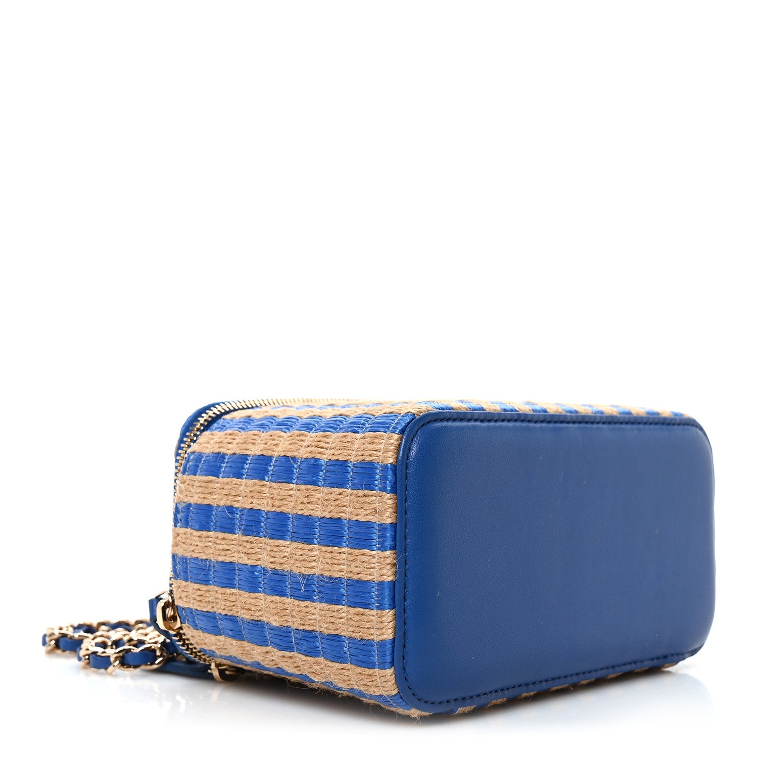 Chanel Raffia Jute Striped Small Vanity Case With Chain Blue Beige 4 of 10