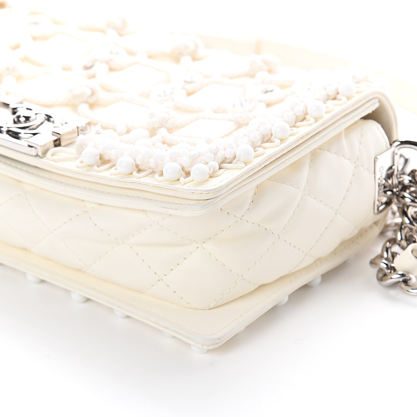 Lambskin Crystal Beads Embellished Medium Boy Flap White