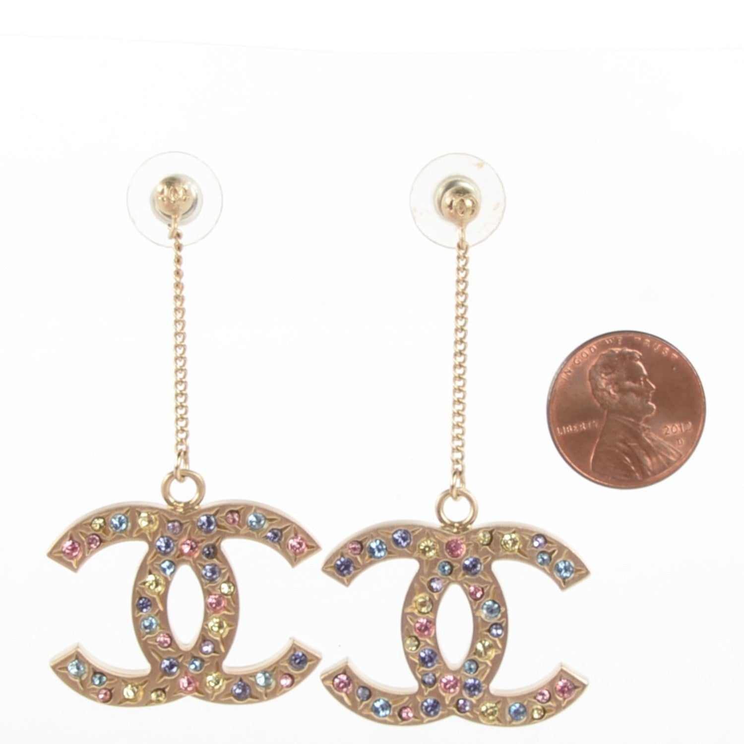 Chanel Crystal CC Drop Earrings Gold Multicolor 2 of 4