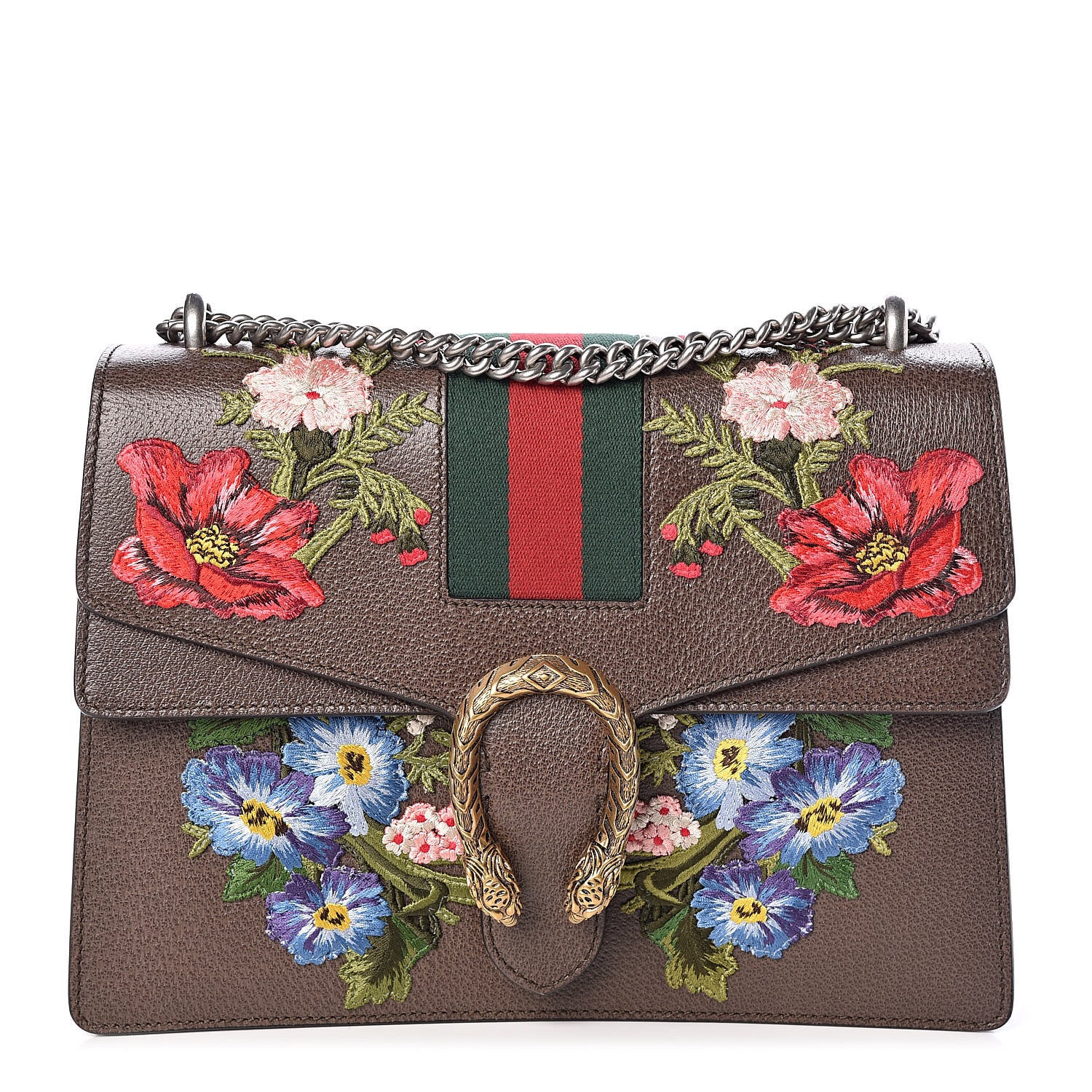 Gucci Calfskin Web Floral Embroidered Medium Dionysus Shoulder Bag New Acero 1 of 9
