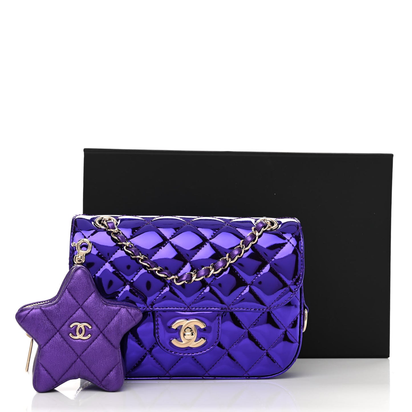 Mirror Calfskin Metallic Calfskin Quilted Hollywood Boulevard Mini Flap With Star Coin Purse Purple