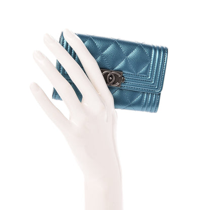 Chanel Metallic Caviar Quilted Boy Card Holder Wallet Turquoise 2 of 8