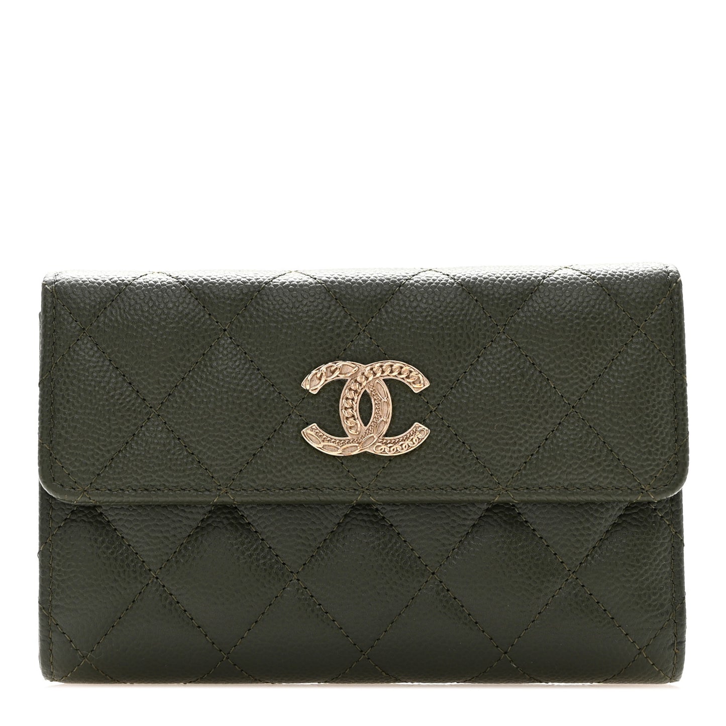 Caviar Quilted Multi Chain CC Medium Tri-Fold Flap Wallet Khaki