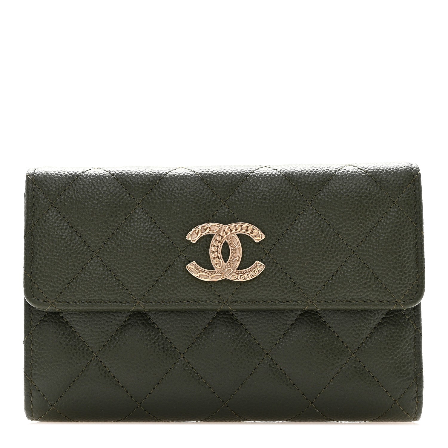 Chanel Caviar Quilted Multi Chain CC Medium Tri-Fold Flap Wallet Khaki 1 of 8