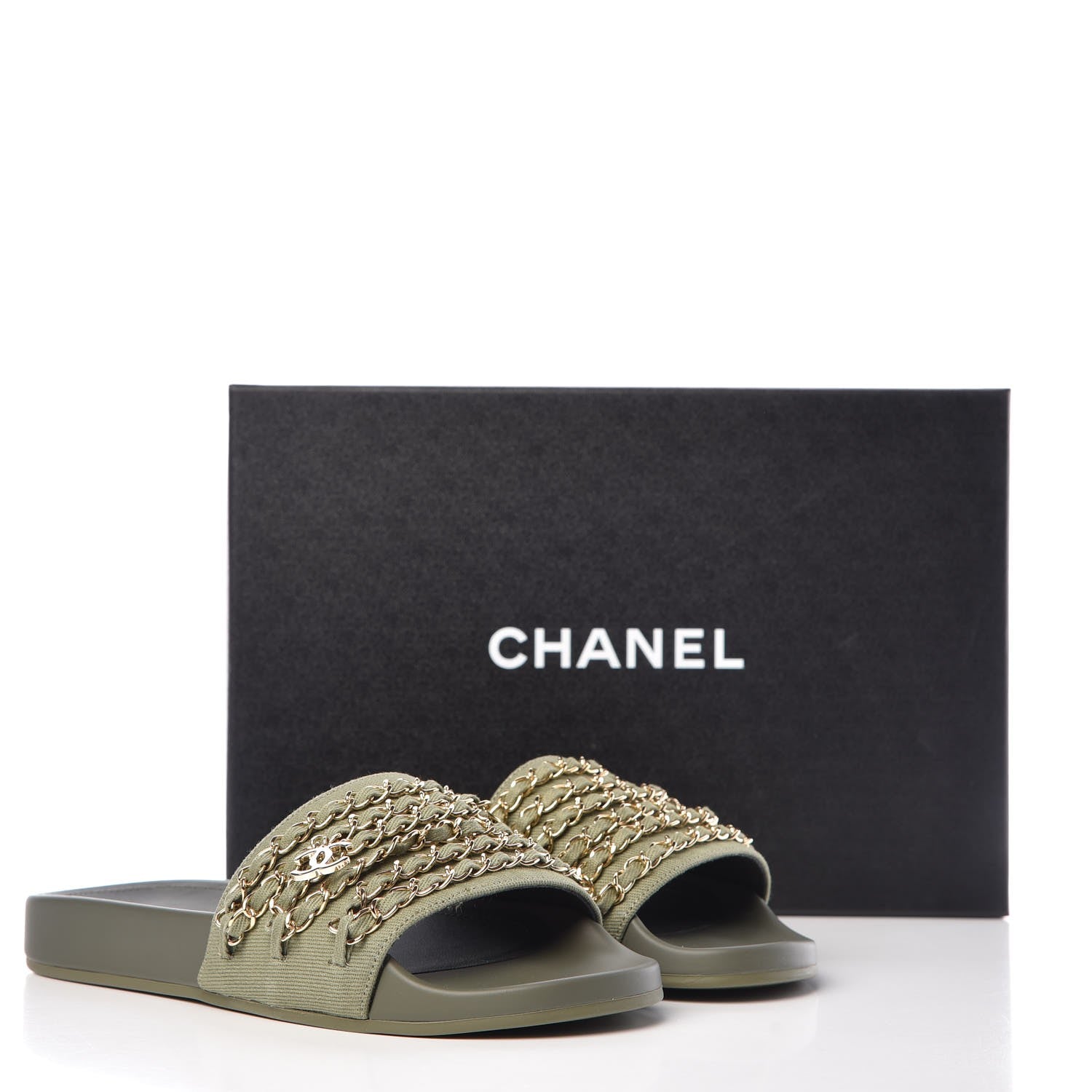 Chanel Canvas Chain Flat Sandals 37 Khaki 9 of 9