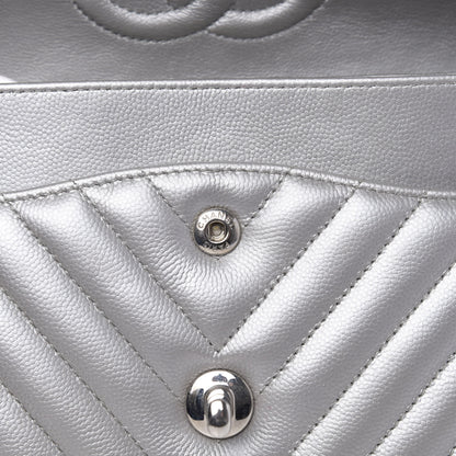 Chanel Metallic Caviar Chevron Quilted Medium Double Flap Silver 10 of 16