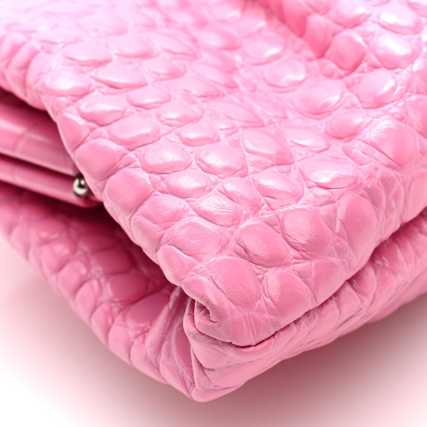 Shiny Supple Calfskin Logo Crocodile Embossed XL Cloud Clutch Pink
