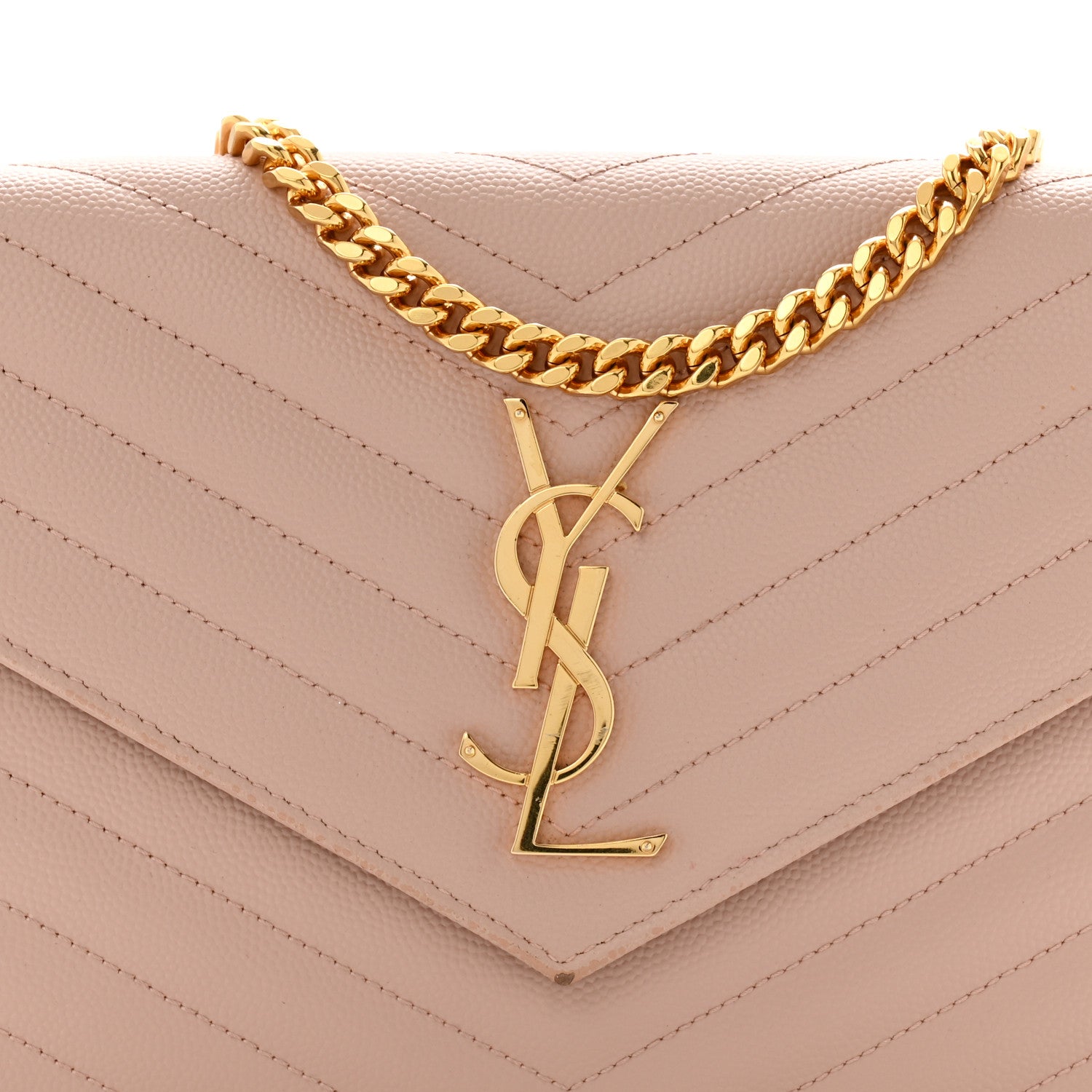 Saint Laurent Grain De Poudre Matelasse Chevron Monogram Chain Wallet Pale Pink 9 of 15