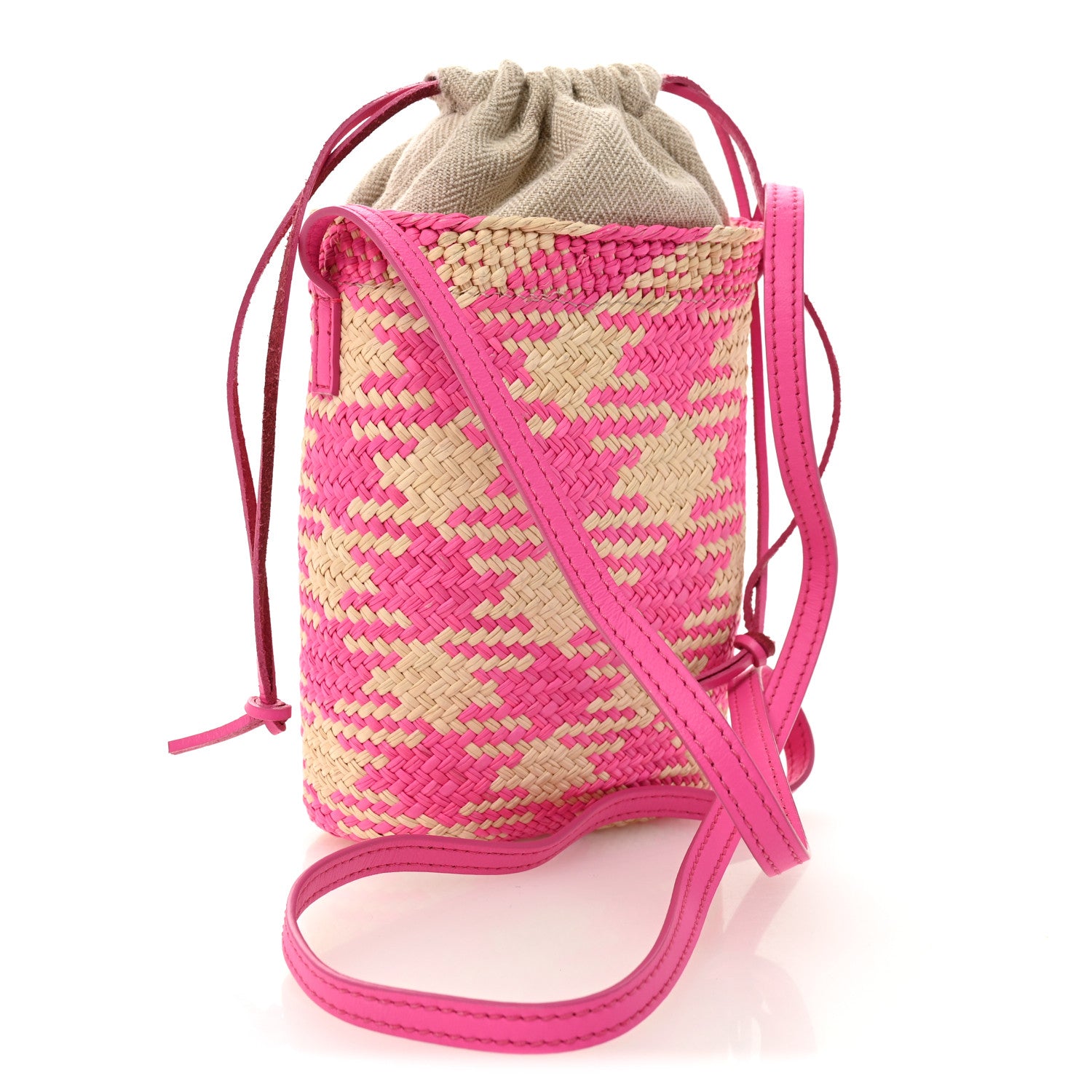 Loewe Iraca Palm Calfskin Anagram Square Pocket Bucket Bag Natural Fuchsia 3 of 12