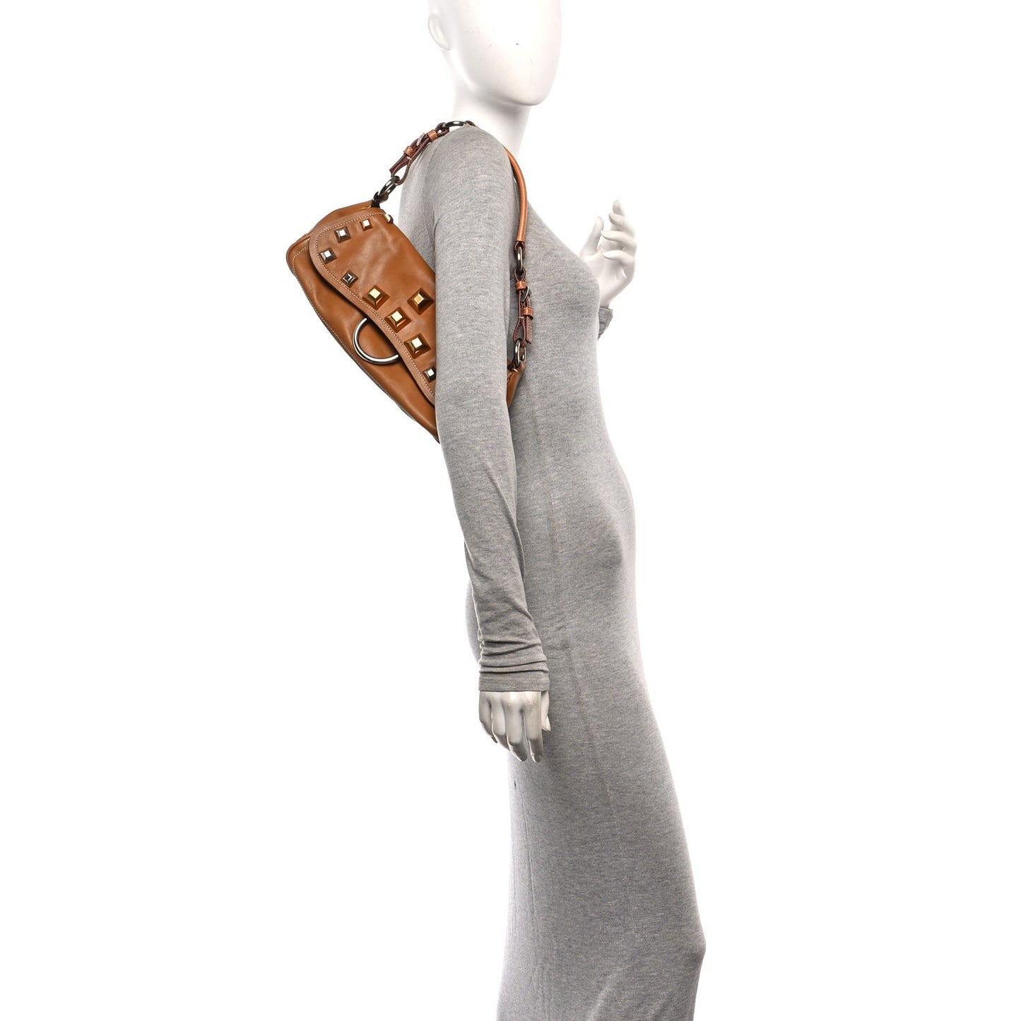 Calfskin Studded Shoulder Bag  Caramel