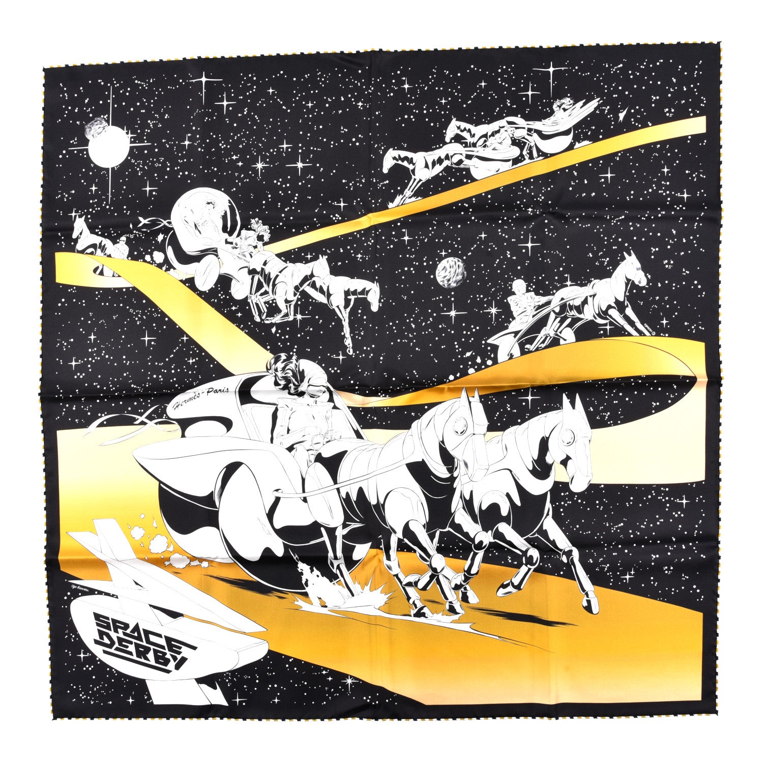 Hermes Silk Space Derby Scarf 90 Black White Gold 1 of 5