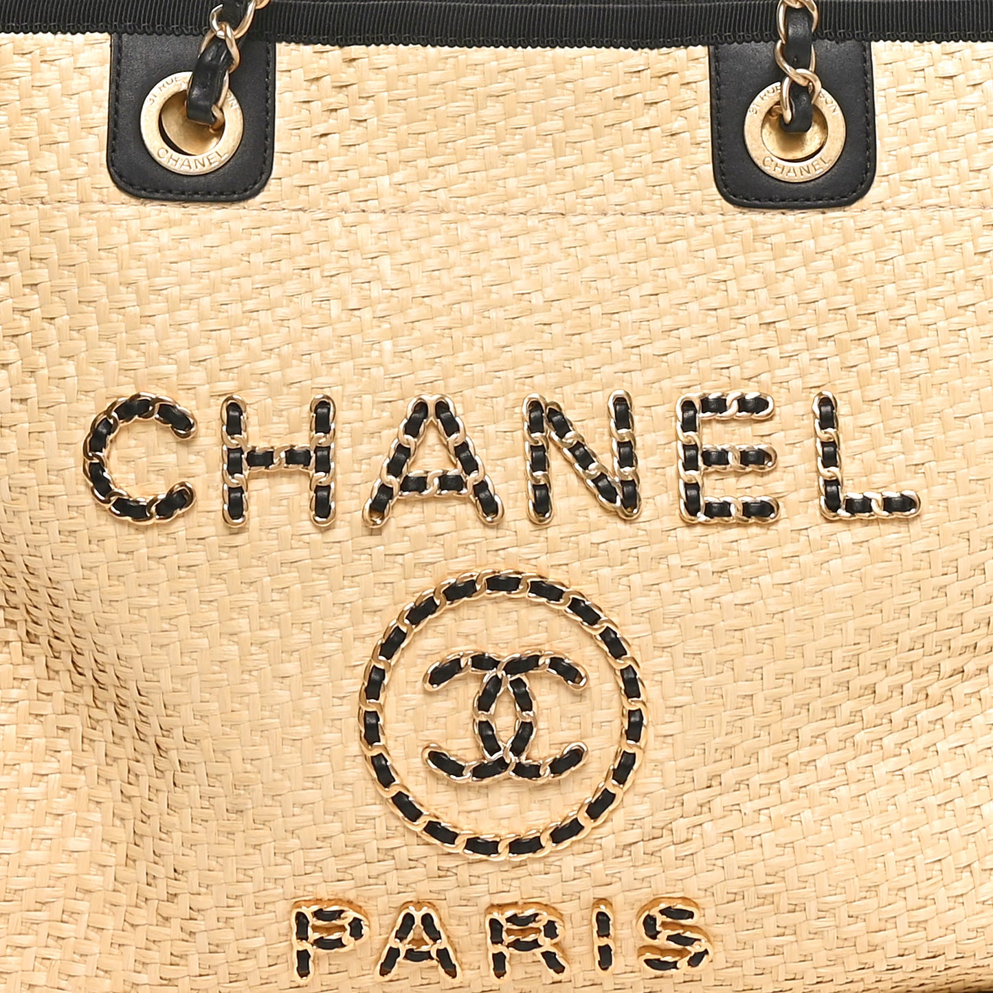 Straw Raffia Calfskin Chain Small Deauville Tote Beige Black