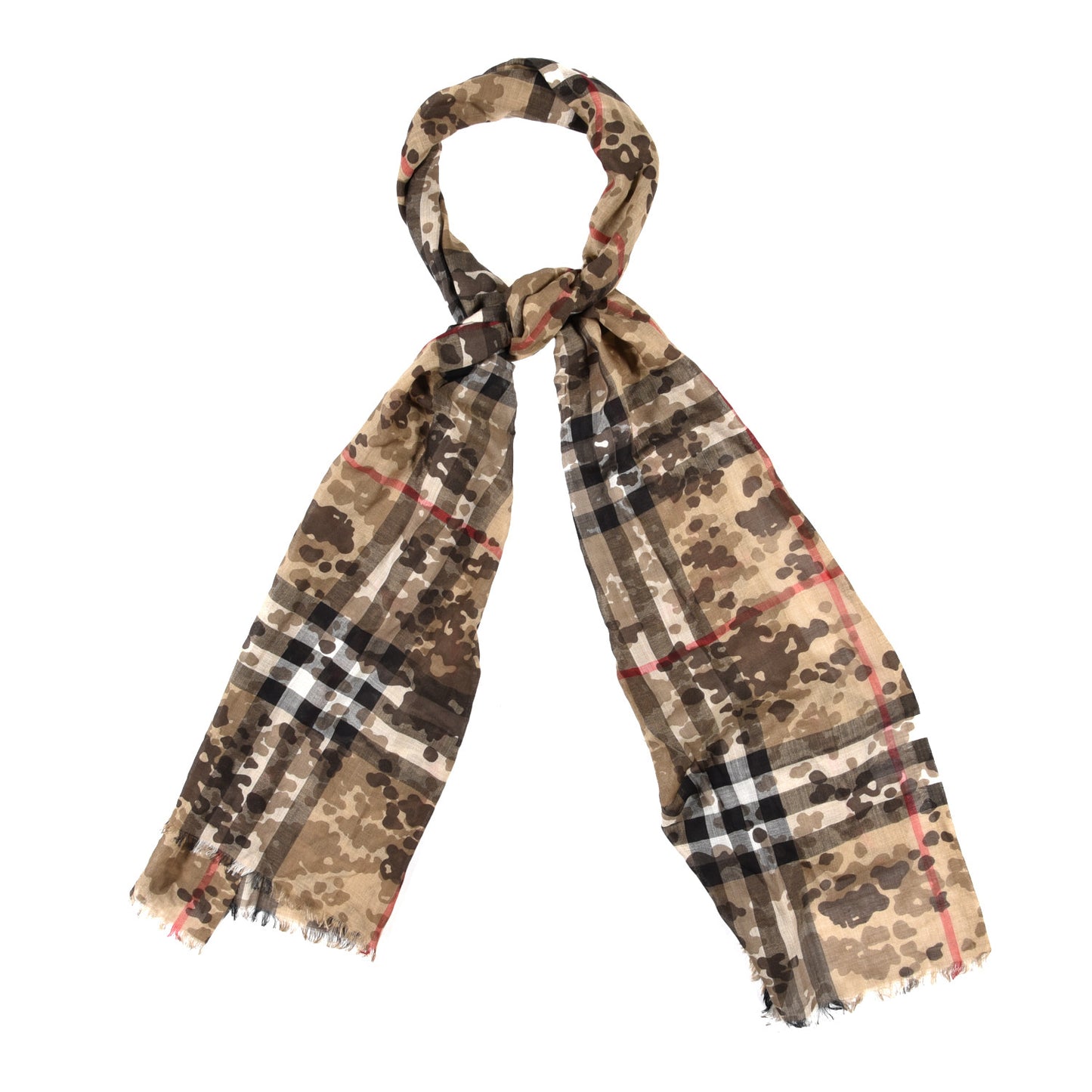 Wool Silk Camoflauge Print House Check Lightweight Scarf Camel
