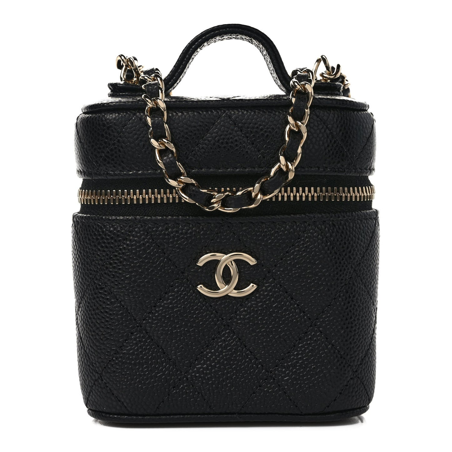Caviar Quilted Small Handle With Care Vanity Case With Chain Black