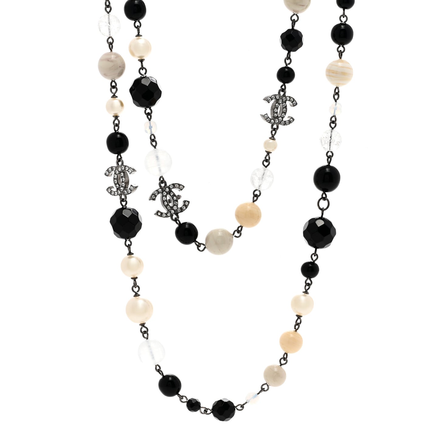 Pearl Beaded Crystal CC Long Necklace Black Silver