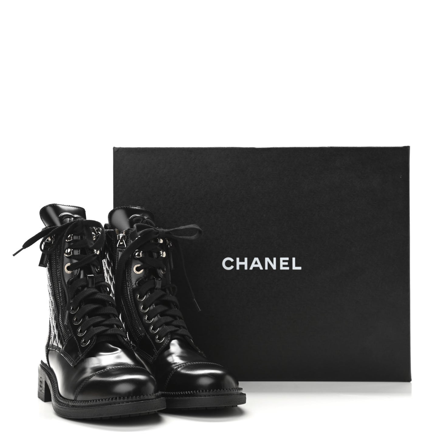 Calfskin Quilted Lace Up Combat Boots 36 Black