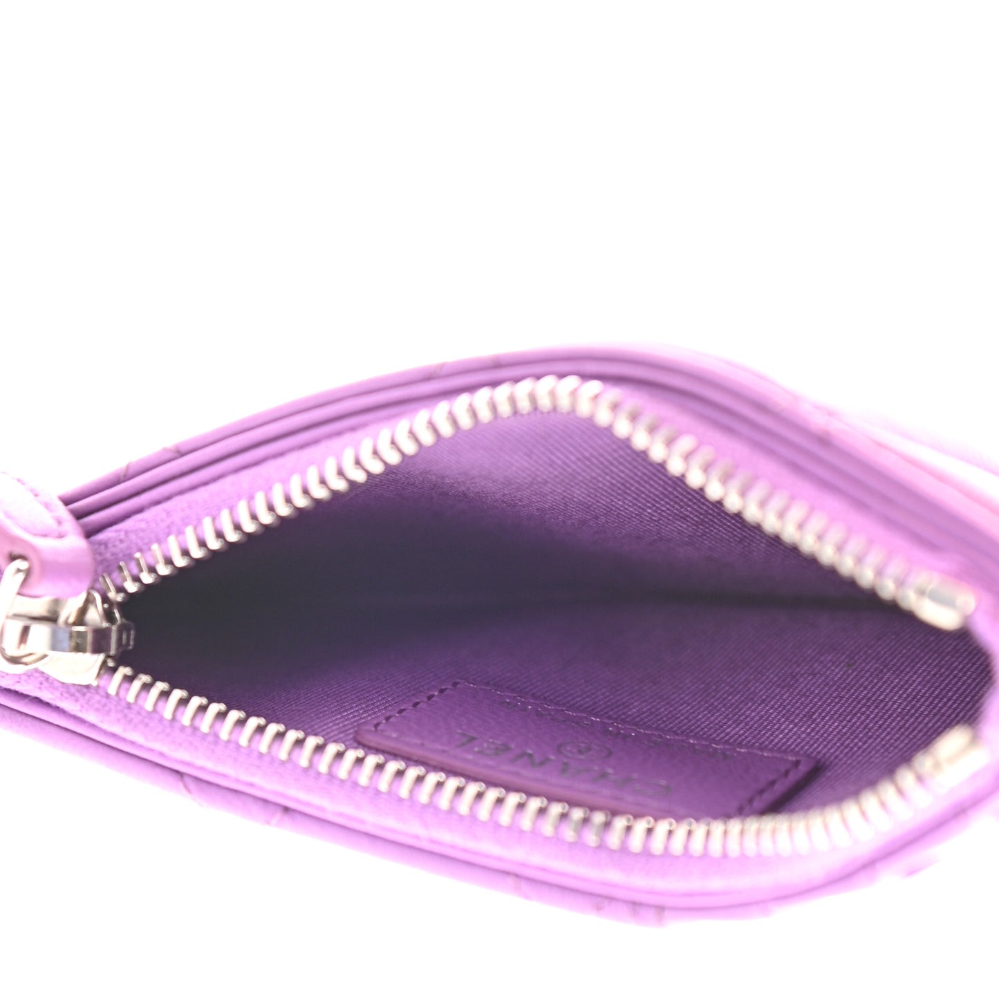 Lambskin Quilted Flap Zip Card Holder Purple