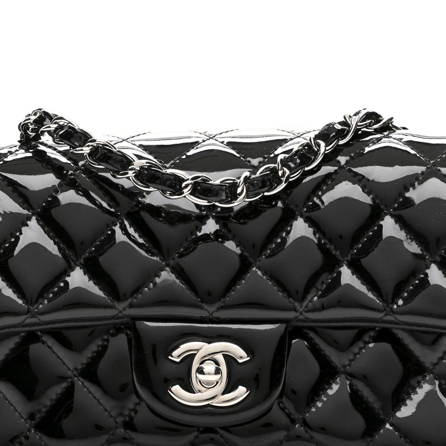 Patent Calfskin Quilted Mini Rectangular Flap Black