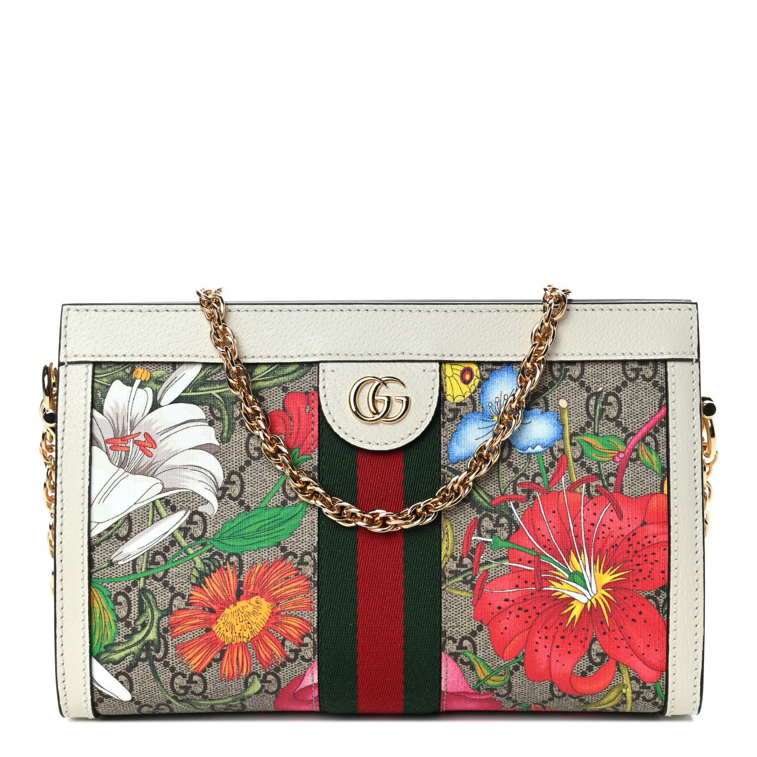 Gucci GG Supreme Monogram Flora Web Small Ophidia Chain Shoulder Bag White 1 of 4