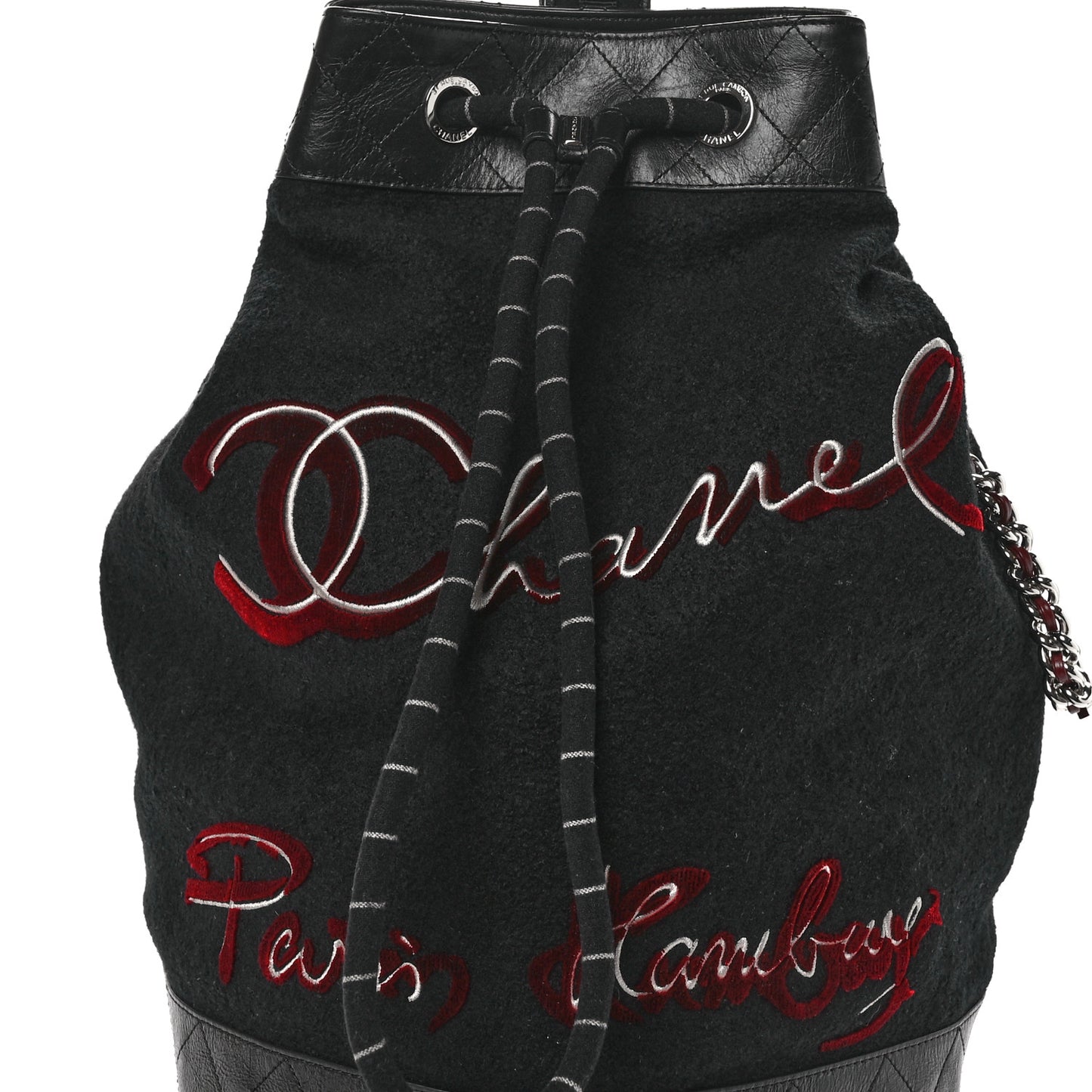 Wool Calfskin Embroidered Paris Hamburg Drawstring Backpack Black