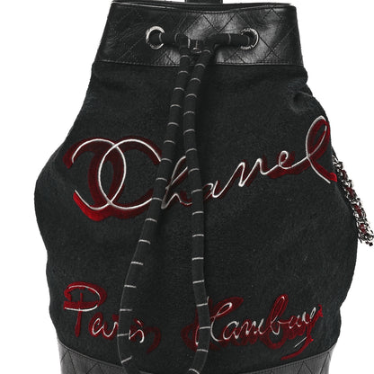 Chanel Wool Calfskin Embroidered Paris Hamburg Drawstring Backpack Black 8 of 10