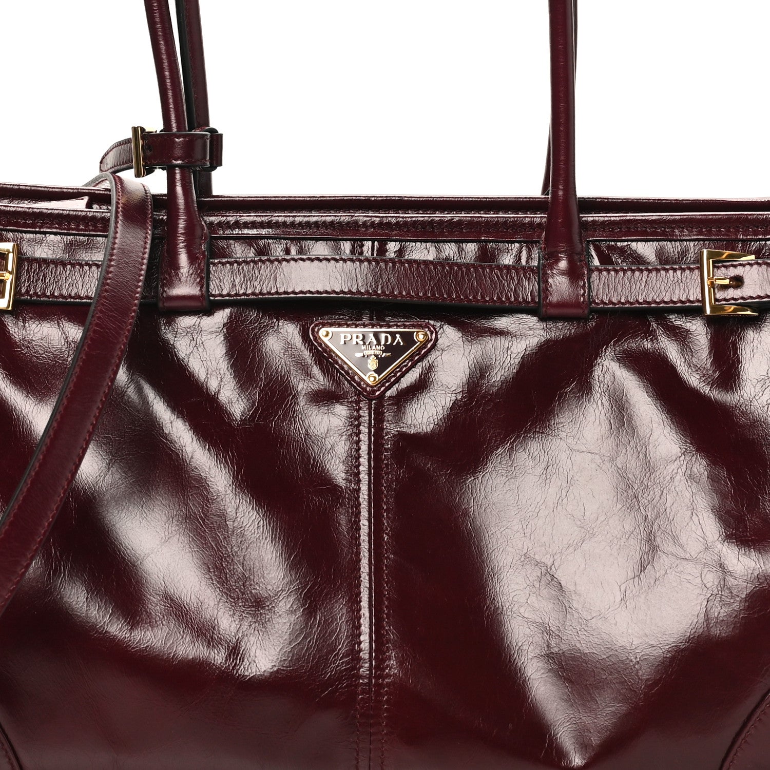Prada Glossy Calfskin Triangle Large Bonnie Shoulder Bag Bordeaux 7 of 9