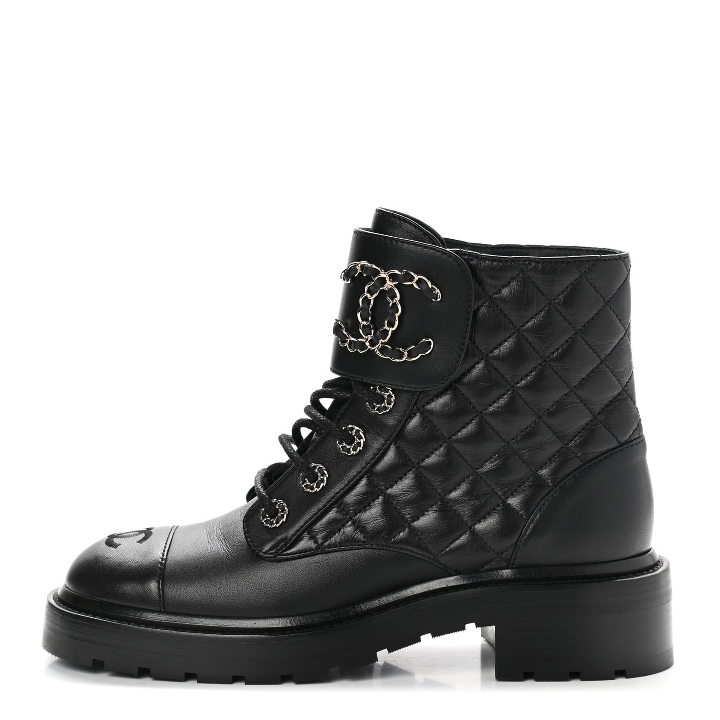 Shiny Lambskin Quilted Lace Up Combat Boots 38 Black