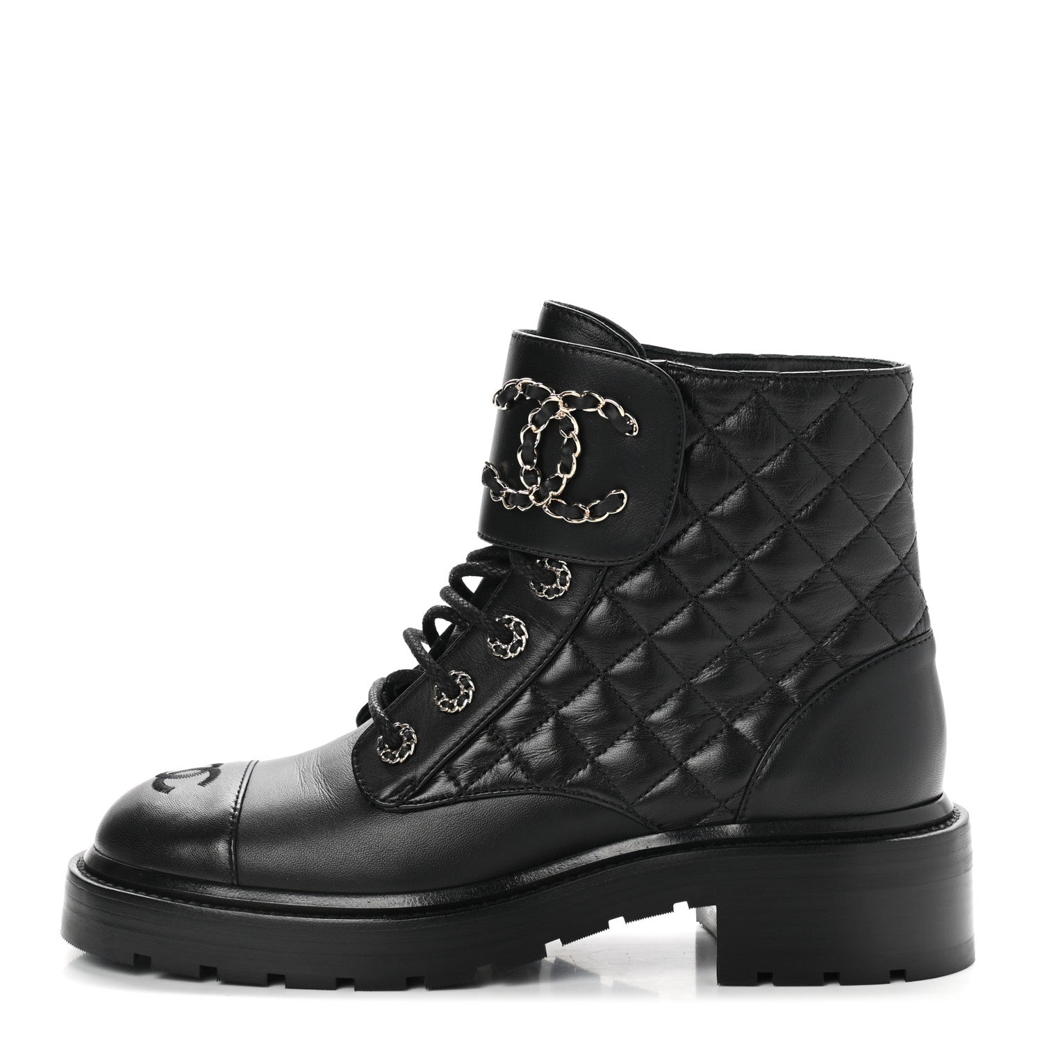 Chanel Shiny Lambskin Quilted Lace Up Combat Boots 38 Black 1 of 8