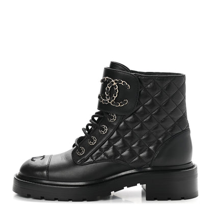 Chanel Shiny Lambskin Quilted Lace Up Combat Boots 38 Black 1 of 8