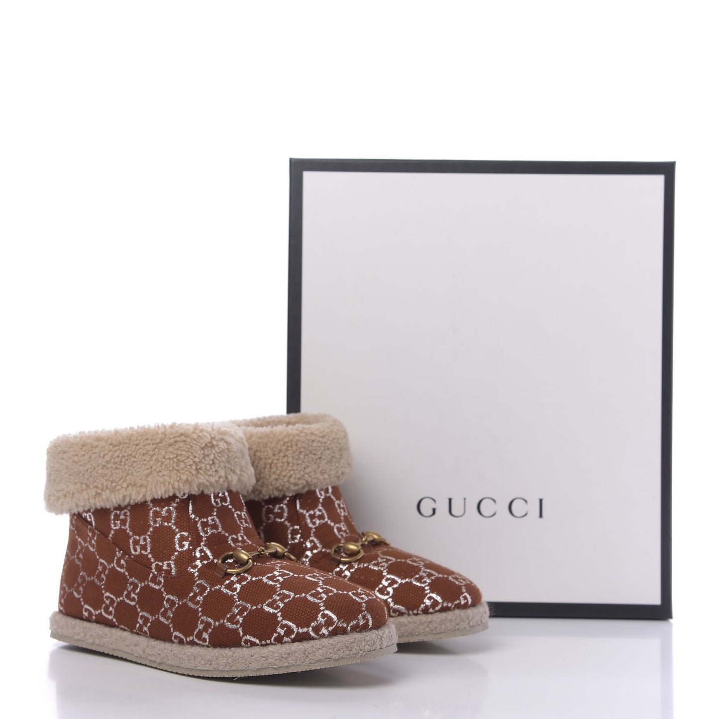 Canvas Wool Lame GG Monogram Womens Fria Horsebit Ankle Boots 39 Burnt Orange Silver Butterscotch