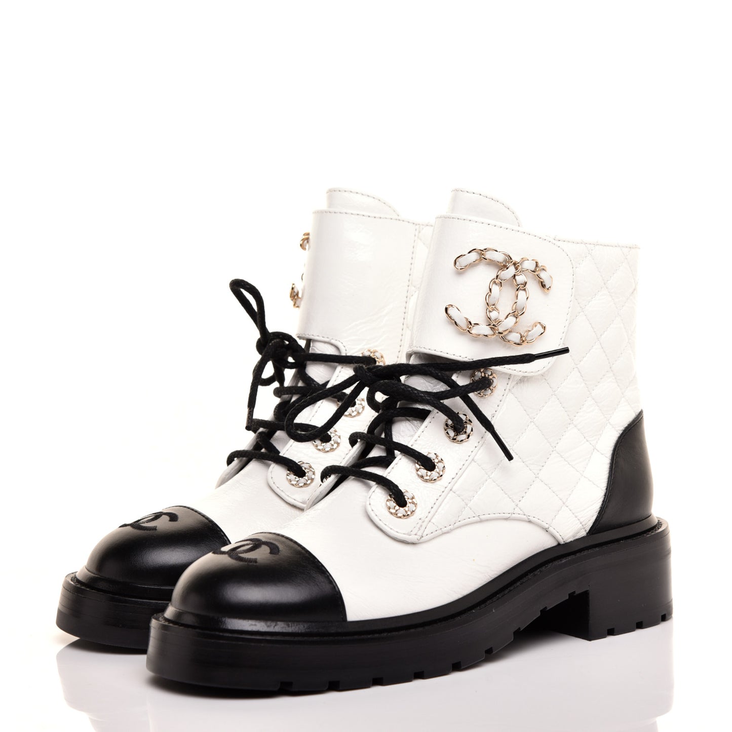 Shiny Goatskin Calfskin Quilted Lace Up Combat Boots 37 Black White