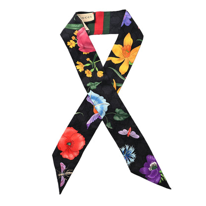 Gucci Silk Twill GG Monogram Floral Print Neck Bow Scarf Black Multicolor 1 of 4