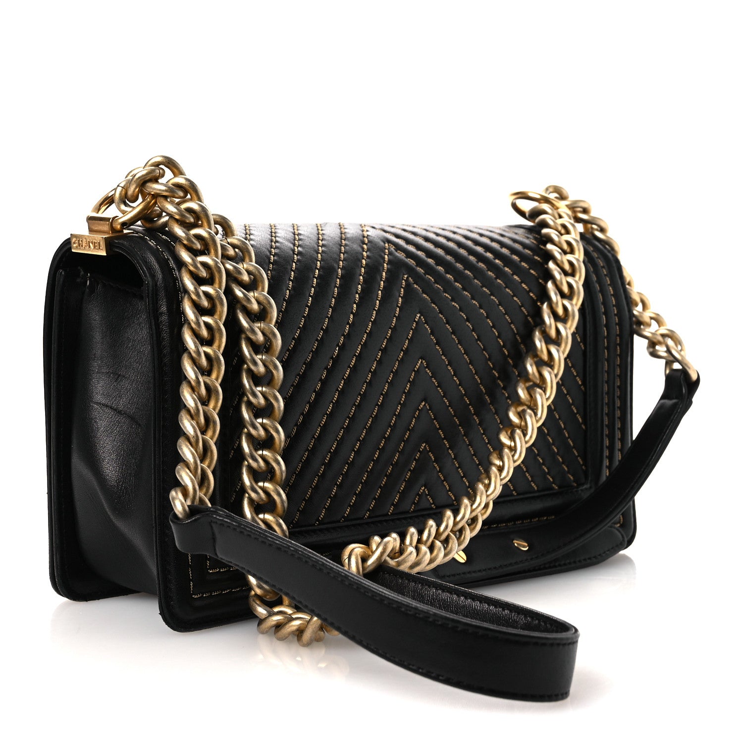 Chanel Lambskin Chevron Chain Stitched Medium Boy Flap Black 3 of 13