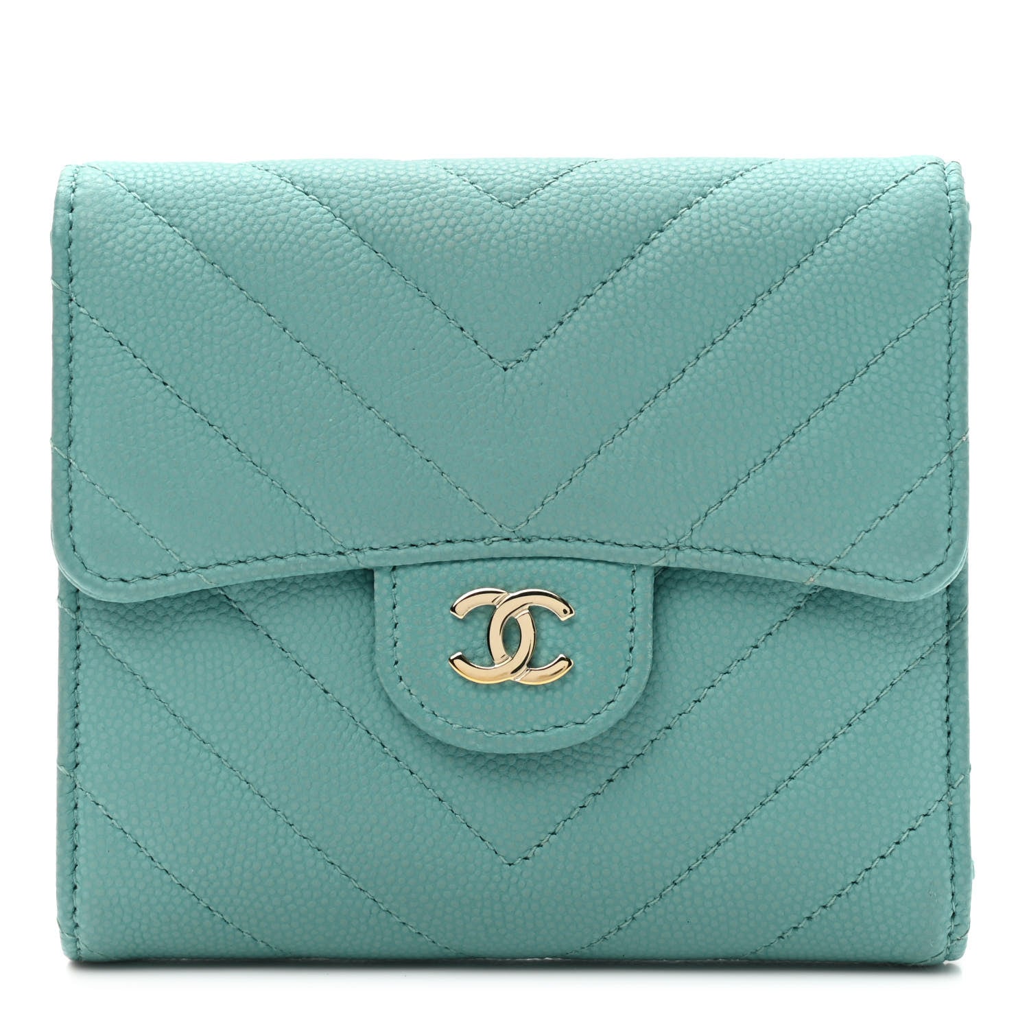 Chanel Caviar Flat Chevron Quilted Compact Flap Wallet Blue 1 of 9
