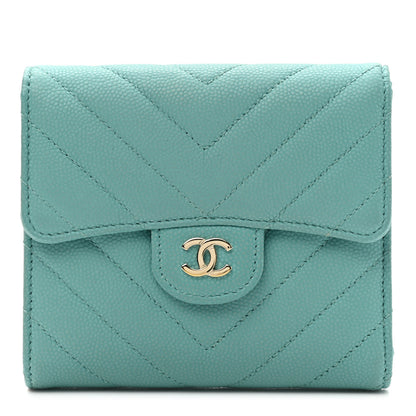 Chanel Caviar Flat Chevron Quilted Compact Flap Wallet Blue 1 of 9