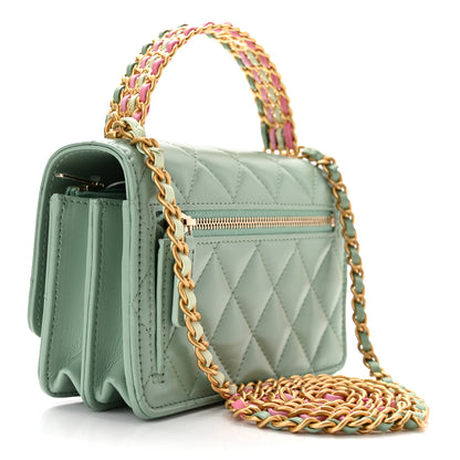 Chanel Shiny Calfskin Quilted Top Handle Flap Clutch With Chain Light Green 2 of 11