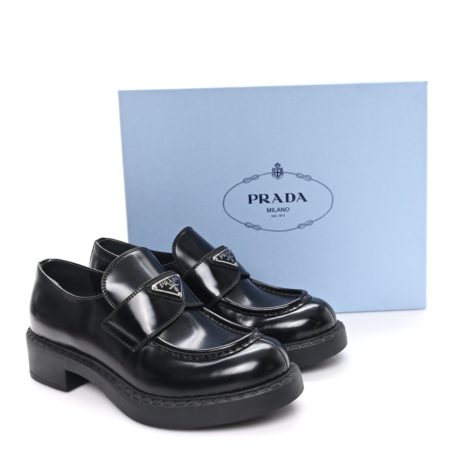 Prada Spazzolato Metal Triangle Logo 50mm Loafers 39 Black 11 of 11