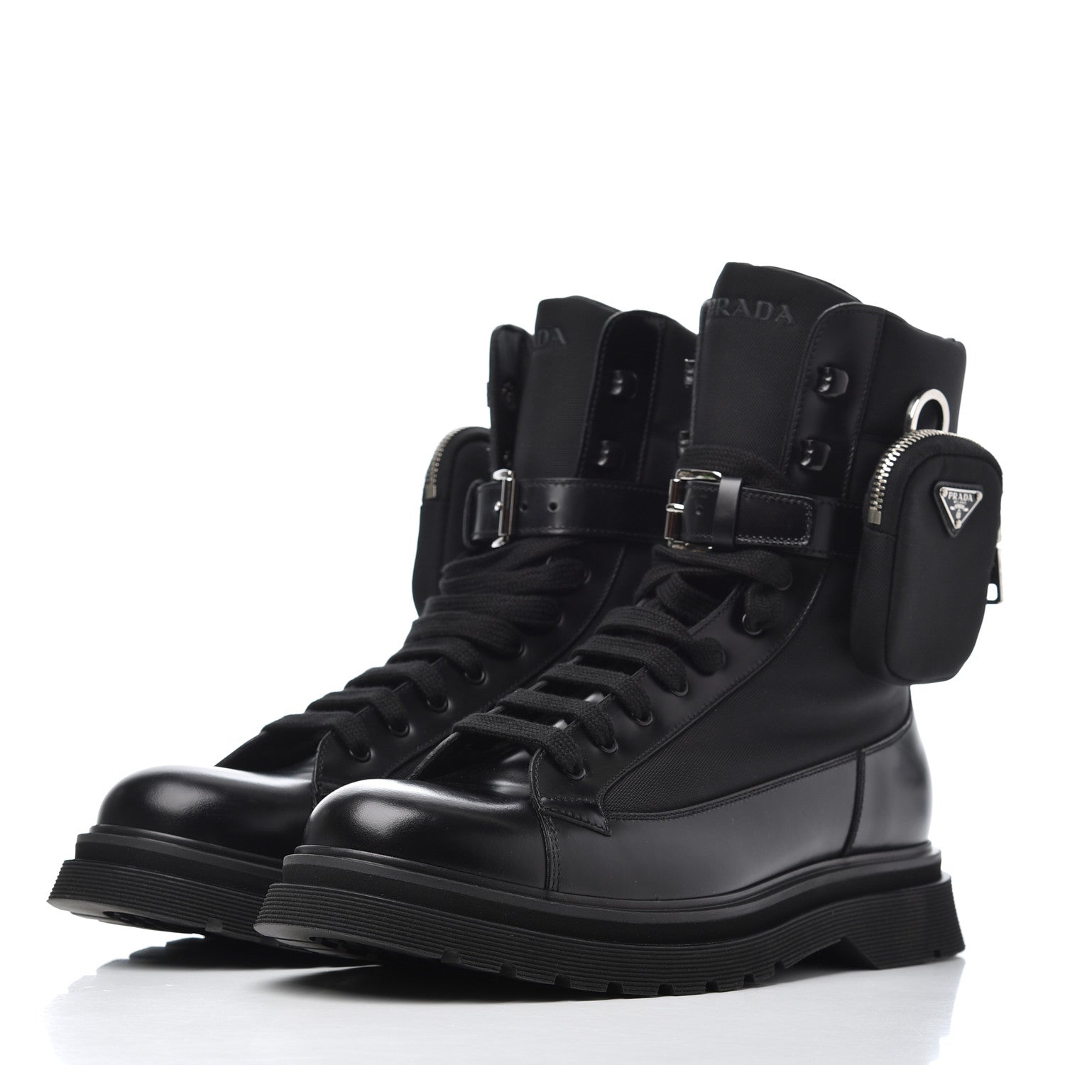 Prada Spazzolato Roi Technical Nylon Metal Triangle Logo Mens Pouch Pocket Combat Boots 9.5 Black 3 of 16