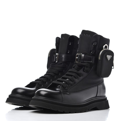 Prada Spazzolato Roi Technical Nylon Metal Triangle Logo Mens Pouch Pocket Combat Boots 9.5 Black 3 of 16