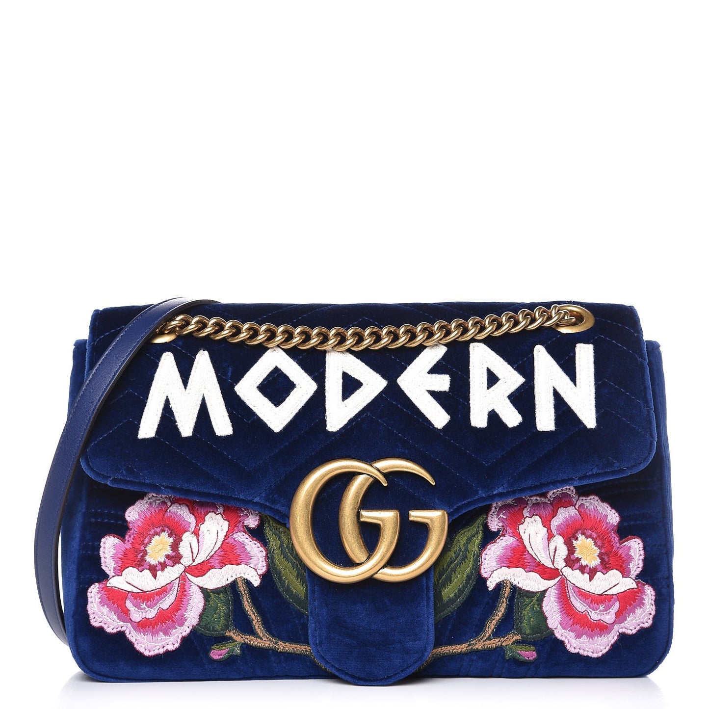 Velvet Matelasse Modern Embroidered Medium GG Marmont Shoulder Bag Cobalt