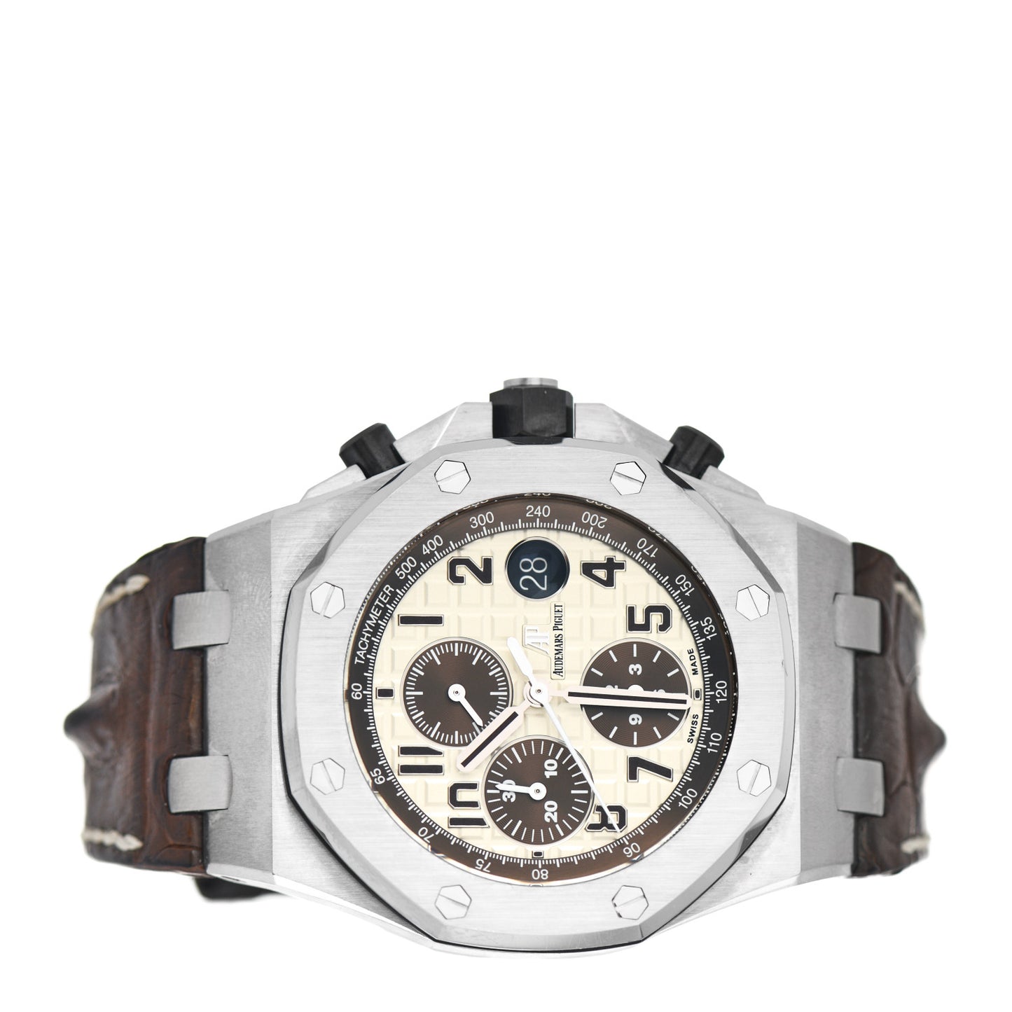 Stainless Steel Alligator 42mm Royal Oak Offshore Chronograph Automatic Watch Ivory 26470ST.OO.A801CR.01