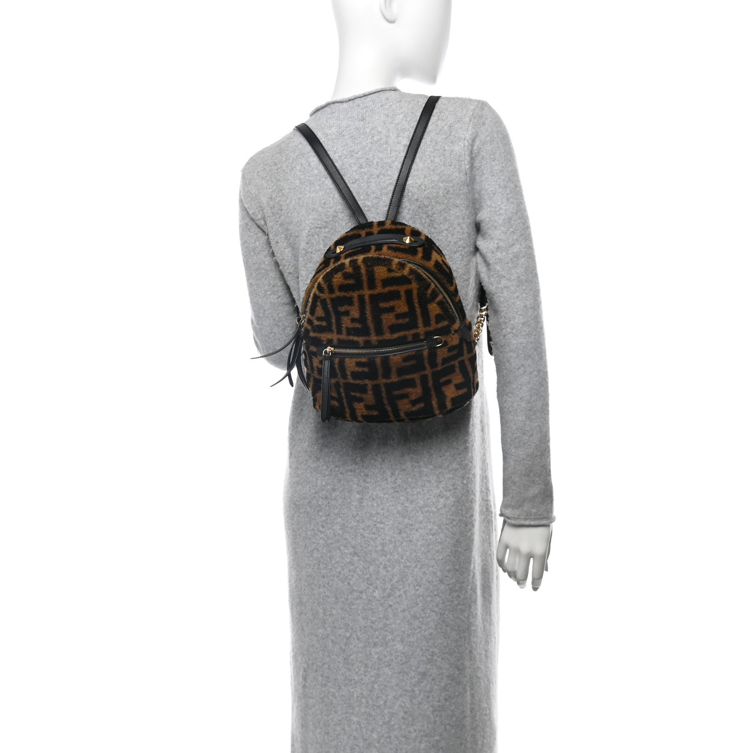 Fendi Shearling Macro FF 1974 Mini Backpack Tobacco Black 2 of 10