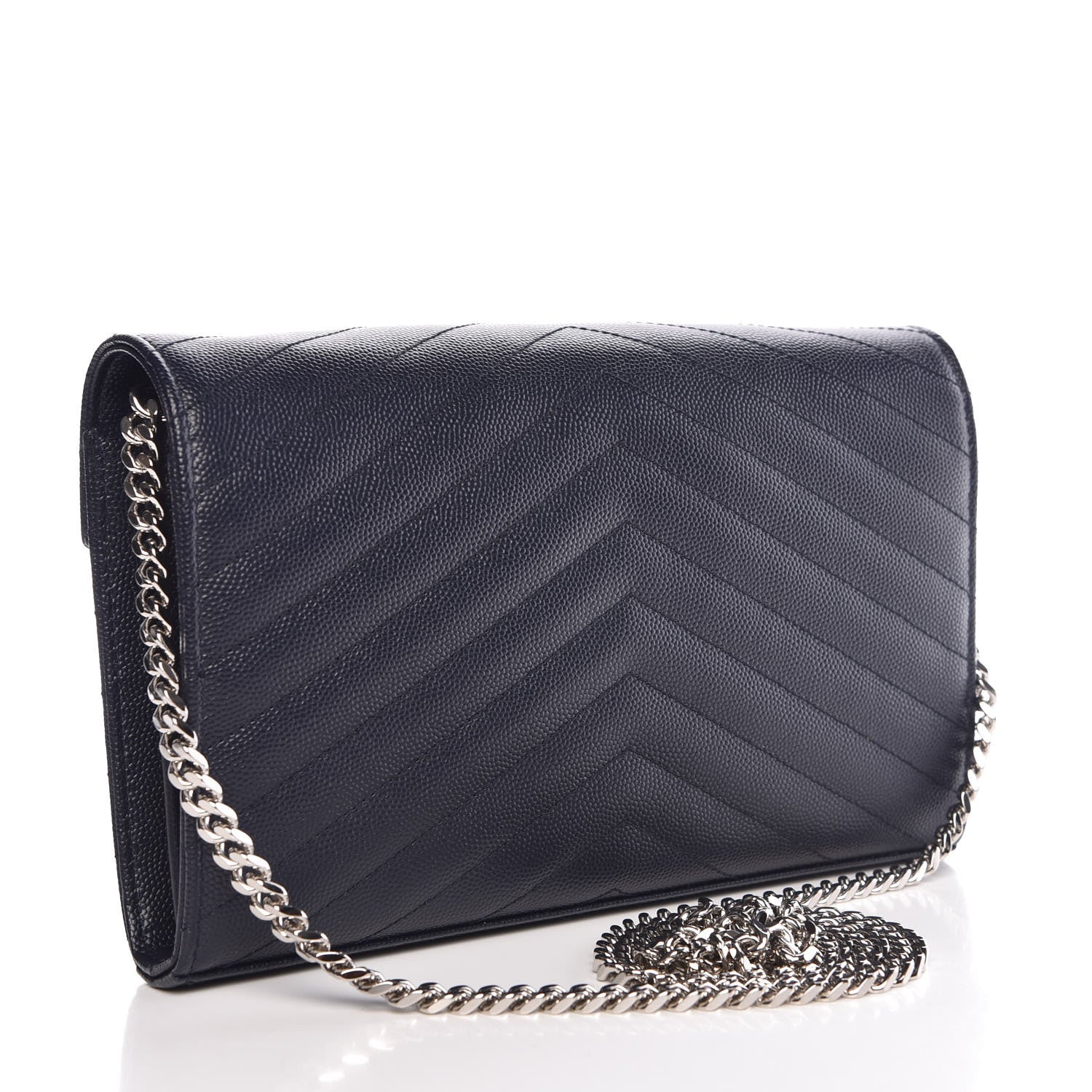 Saint Laurent Grain De Poudre Matelasse Chevron Monogram Chain Wallet Navy 3 of 6