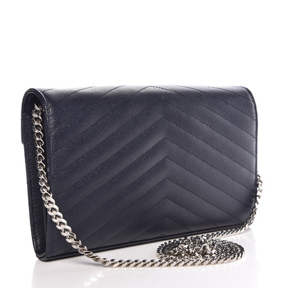 Saint Laurent Grain De Poudre Matelasse Chevron Monogram Chain Wallet Navy 3 of 6