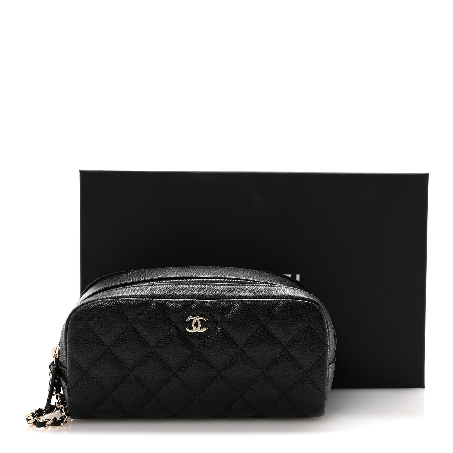 Caviar Quilted Toiletry Case With Chain Black